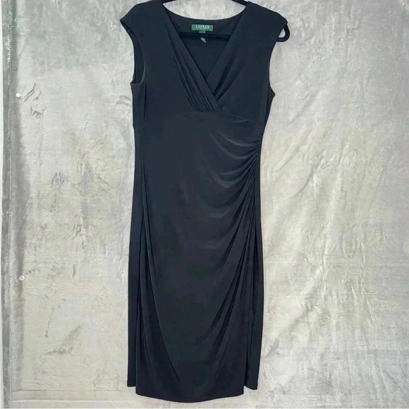 Lauren Ralph Lauren Dress Sz 10 Classic Black Faux Wrap Side Ruched Empire Waist - Picture 1 of 10
